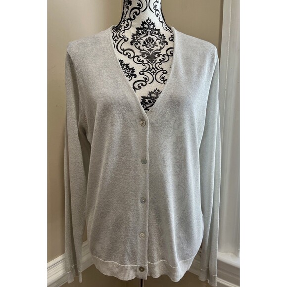 Zara Knit Cardigan Womens L White Foil Knit Silver Button Front Holiday Party - Picture 1 of 12